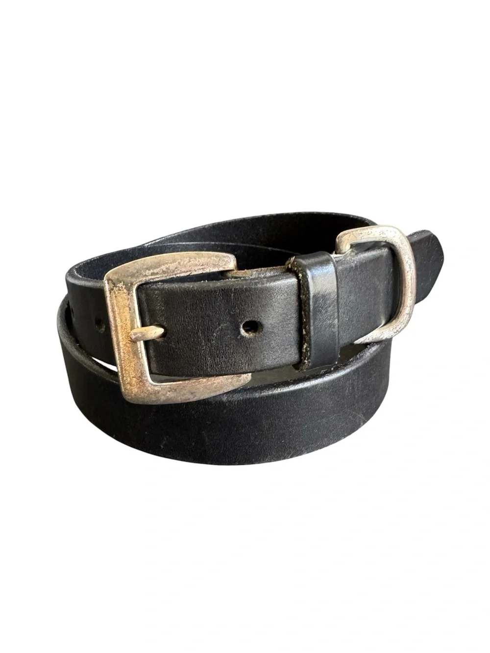 Vintage Eddie Bauer Black Leather Belt Silver Distressed Unisex Womens Medium